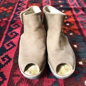 Fly London leather peep toe wedge, size 7.